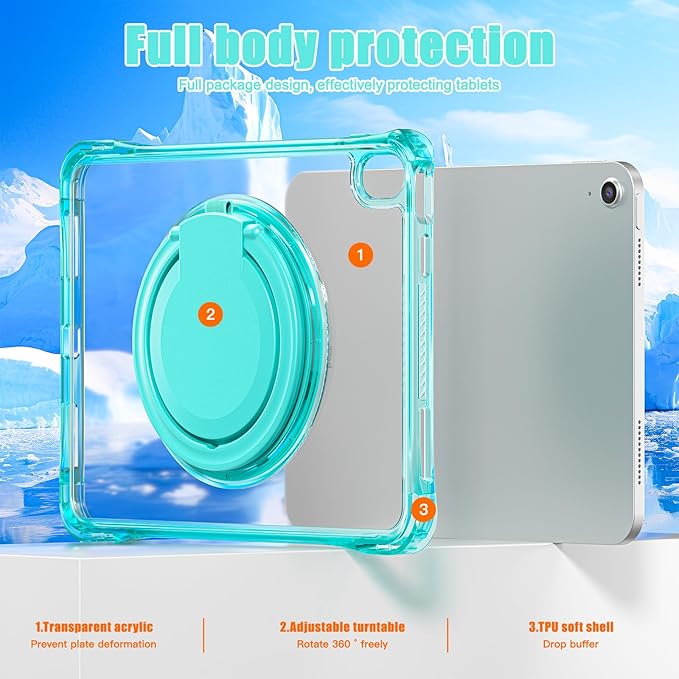 Mektron for 2025 iPad 11 inch (A16 Chip) 11th Gen Case PC Clear Cover for iPad 10th Gen10.9 inch 2022 Shockproof Tablet Cases with Soft TPU &amp Rotating Stand for Kids Light Green
