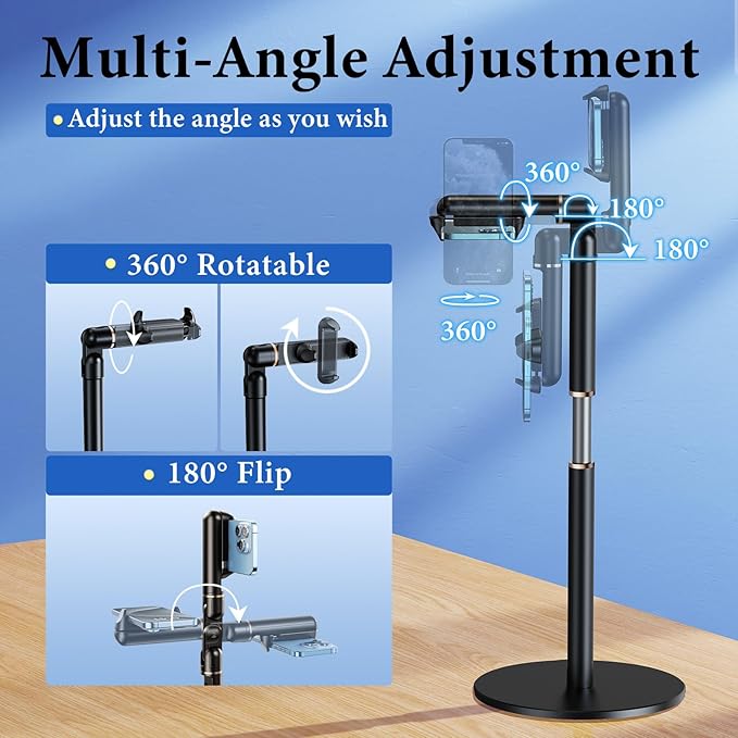 Retractable Phone Stand for Desk10.2-24.4in Height Adjustable Rotating Phone Holder for RecordingAluminium Overhead Phone Mount for iPhone &amp 4.7-7in Cell Phones