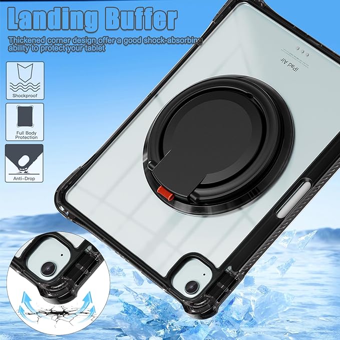 Shockproof Case for iPad Air 11'' (M4 2026/M3 2025/M2 2024)/ iPad Air 10.9'' Air 5th /4th Gen PC Clear Tablet Cases with Rotating Stand for Kids Black