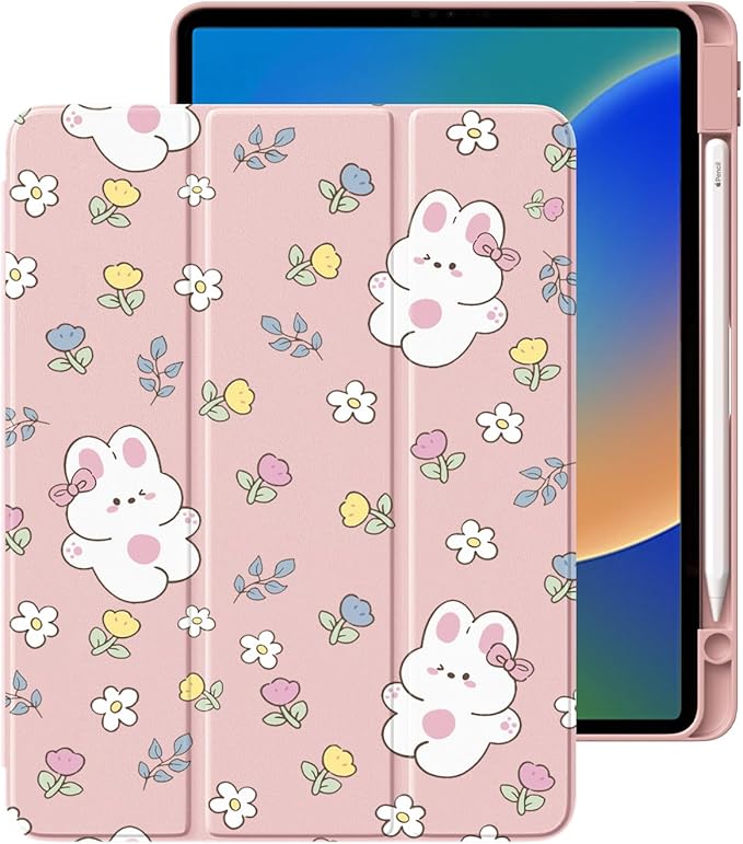 Cute Bunny Flower for iPad Pro 12.9 Inch Case 5th/6th Generation 2022/2021/2020 with Pencil Holder Foldable Pink Leather Cover Case Support Auto Sleep Wake