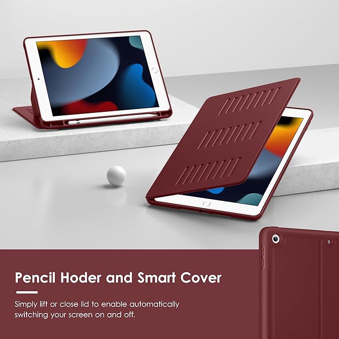 VIKESI Case for iPad 9th / 8th / 7th Generation 10.2 inch (2021/2020/2019 Released)Multiple Angles Magnetic Stand CoverShockproof BackPencil Holderand Auto Sleep/WakeWine