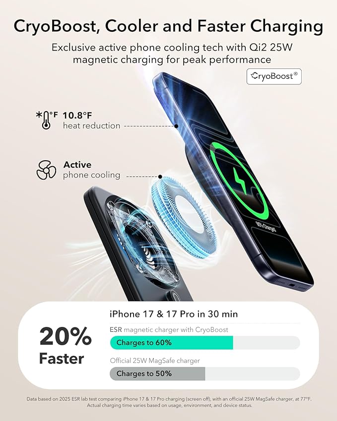 ESR 3 in 1 Charging Station for Apple Qi2.2 25W MagSafe Charger with CryoBoost Phone-Cooling Wireless Charging Station Foldable for iPhone 17/16 with iOS 26(50W Adapter) AirPods Apple WatchBlack