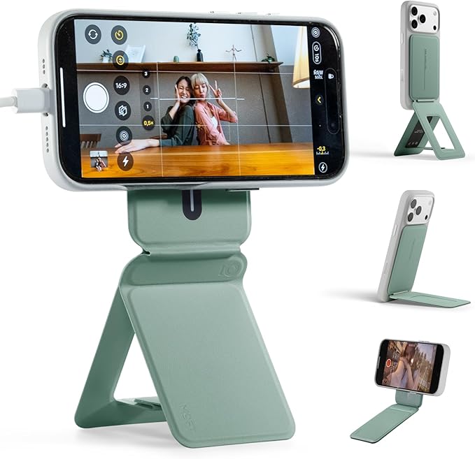 MOFT Phone Stand Magnetic Phone Tripod Stand Stain-Resistant MOVAS Leather &amp Angle Adjustment &amp Strong Magnets Tripod for iPhone 17/16/15/14/13/12 (Included Metal Ring)-Seafoam