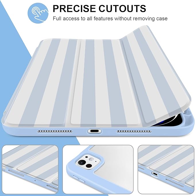 MecBevia Case for iPad Pro 11 inch M5 2025 / M4 2024 (6th/5th Gen) A3357 A3358 A3359 A2836 A2837 A3006 – Built-in Pencil Holder &amp Auto Wake/Sleep Blue Stripes