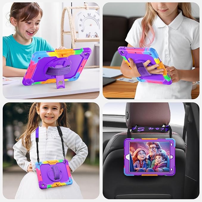SEYMAC Kids Case for iPad 9th/8th/7th Generation 10.2 Inch with Screen Protector Rotatable Hand Strap/Stand Shoulder Strap Shockproof Heavy Duty Protective Case for iPad 10.2 Colorful Purple