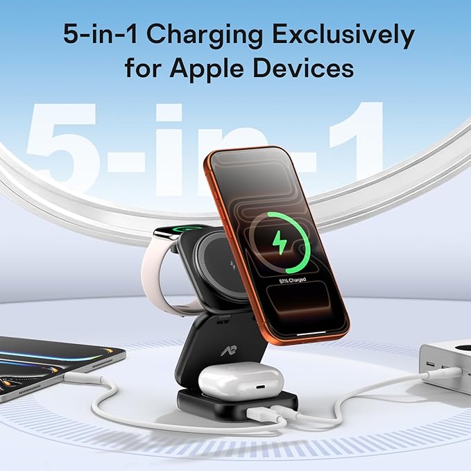 5-in-1 Wireless Charger for MagSafe AC ISLAND Portable Travel Charging Station 35W Max Fast Foldable Magnetic Stand Evolved for iPhone 17-12 &amp Air Series Apple Watch AirPods (with 35W Adapter