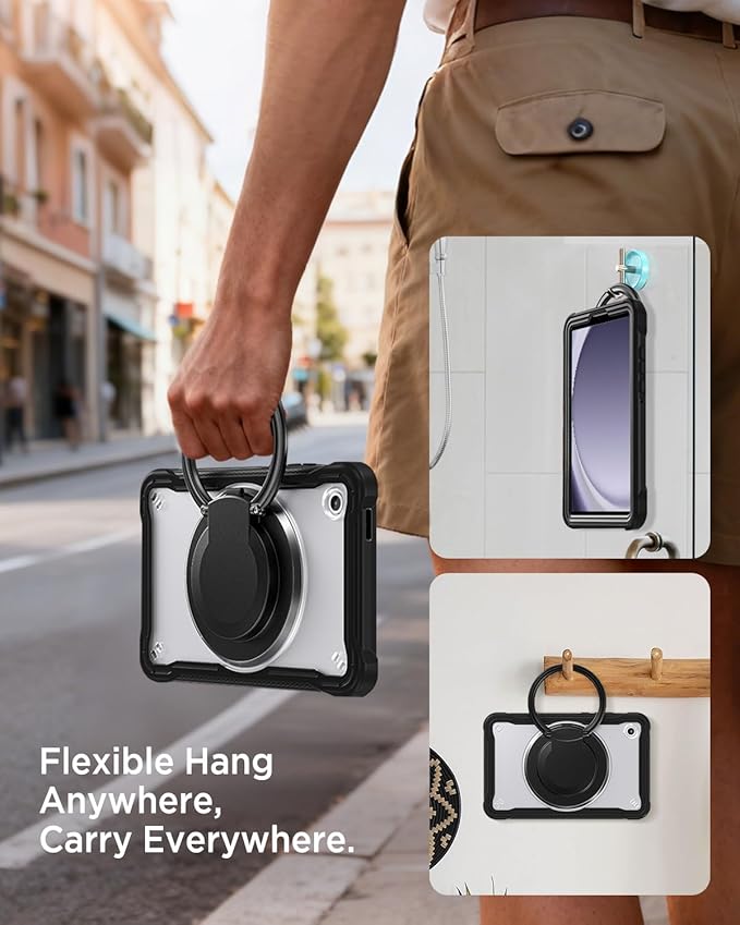 Miimall Case for Galaxy Tab A11 8.7 Inch 2025 with Shoulder Strap Bulit-in 360 Rotating Stand Shockproof Rugged Kids Friendly Shell Pen Holder Cover for Samsung Galaxy A11 Tablet Black Clear