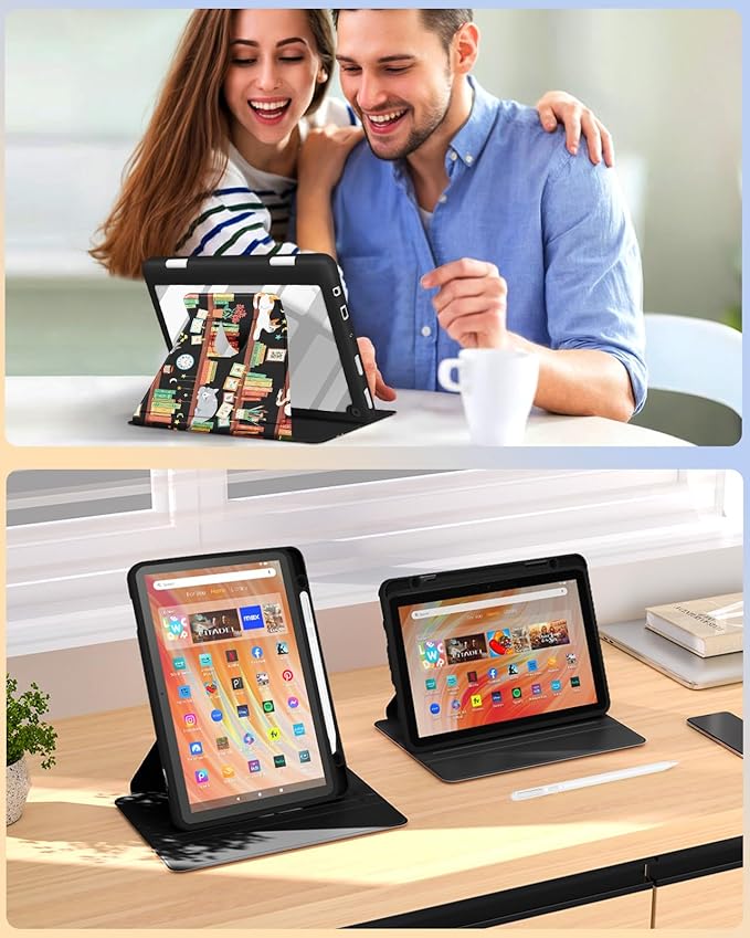 Kidcube for Kindle Fire HD 10/10 Plus Tablet Case - 13th/11th Generation (2023/2021) 10.1 Women Girls Cute Girly Cat Design TeensRotating Stand Pencil Holder Folio Cases for Amazon Fire HD 10/10 Plus
