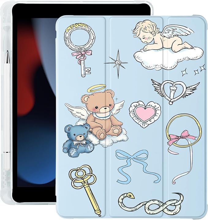 Cute Kawaii Bear Angel Bow for iPad Pro 12.9 Inch Case 5th/6th Generation 2022/2021/2020 with Pencil Holder Auto Sleep/Wake Blue Leather Soft TPU Back Cover