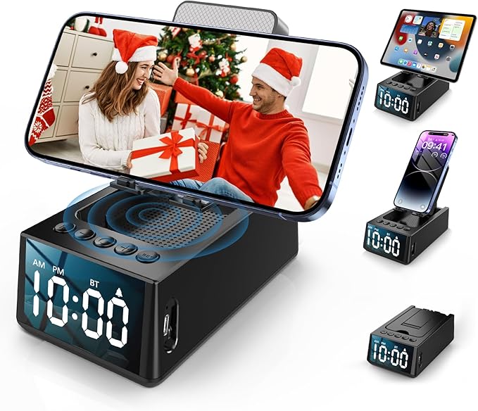 Cell Phone Stand with Wireless Bluetooth Speaker &amp Alarm Clock 3 in 1 Adjustable Holder with Anti-Slip Base Fits All Phones Tablets Unique Tech Gifts for Men/Women Dad Mom Husband Wife (Blac