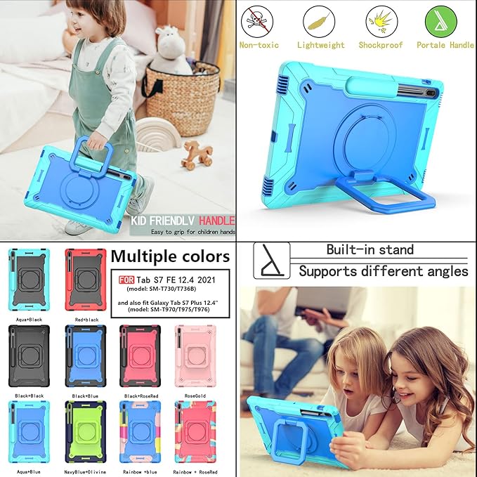 Stand Case for Samsung Galaxy Tab S8 Plus 2022/Tab S7 FE 5G 2021/Tab S7 Plus 2020 12.4 inch 360 Degree Rotating Kickstandwith Hand/Shoulder Strap Rugged Shockproof Cover Aqua Green &amp Blue