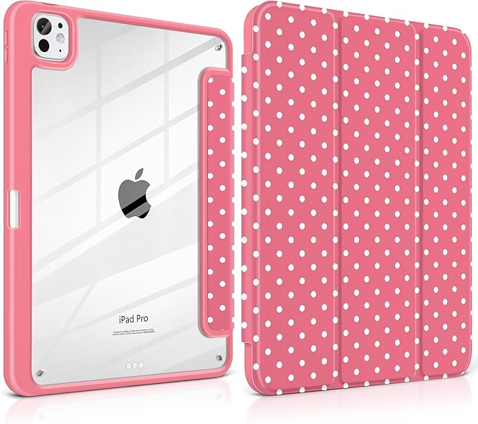 Case for iPad Pro 11 Inch (M5 2025 M4 2024) – [Built-in Pencil Holder] Shockproof &amp Stylish Clear Hard Back + Soft TPU Edge Magnetic Trifold Stand Auto Wake/Sleep Rose red White dot