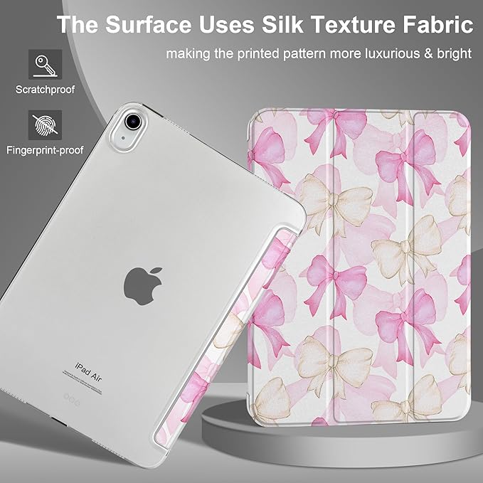 MEEgoodo for M4/M3/M2 iPad Air 11 inch Case 2026 2025 2024Case for iPad Air 5th/4th Generation 10.9 inch 2022 2020 Tablet Cover with Silk Texture &amp PC Clear Back Cover White &amp Pink Bows