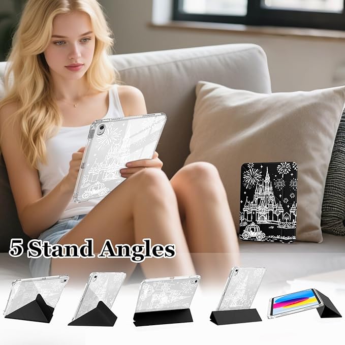 Cute White Castle for iPad (A16) 11th/10th Generation Case 11 Inch/10.9 Inch 2025/2022 with Pencil Holder Auto Sleep/Wake Black Leather Acrylic Back Detachable Cover