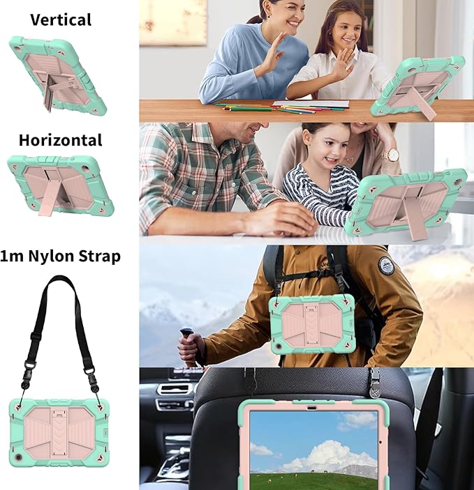 JKSML Case for Samsung Galaxy Tab A9+ / A9 Plus 11 inch 2023 Military Grade Drop Protection Cover with Built-in Kickstand &amp Shoulder Strap for Tab A9+ Tablet (SM-X210/X216/X218) Green + Rose Gol