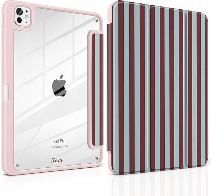 TWOLSKOO Case for iPad Pro 11-inch (M5 2025 / M4 2024) Clear Acrylic Back with TPU Bumper Pencil Holder Trifold Stand Auto Sleep/Wake Burgundy Stripes