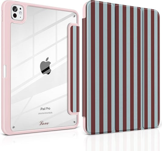 TWOLSKOO Case for iPad Pro 11-inch (M5 2025 / M4 2024) Clear Acrylic Back with TPU Bumper Pencil Holder Trifold Stand Auto Sleep/Wake Burgundy Stripes