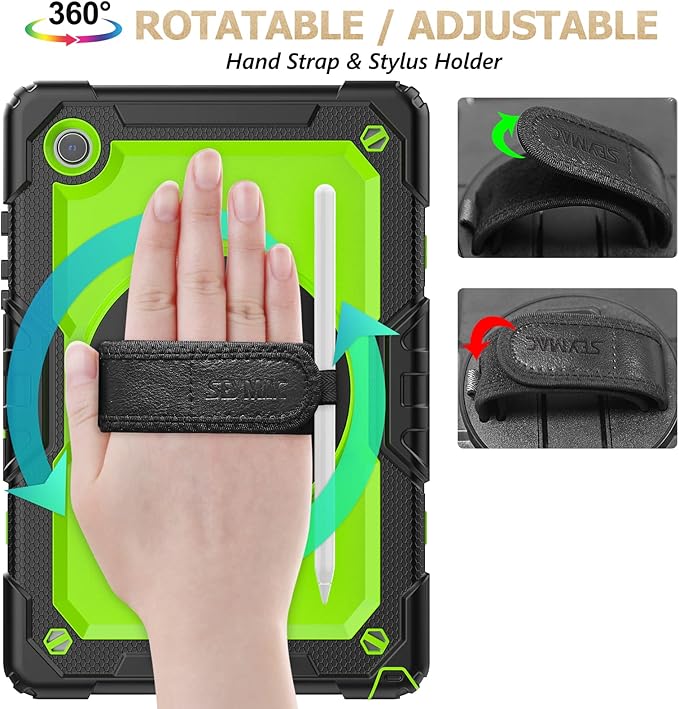 SEYMAC stock Case for Samsung Galaxy Tab A8 10.5'' Full-Body Drop Protection Case with Screen Protector Pencil Holder [360° Rotating Hand Strap] &ampStand Green+Black
