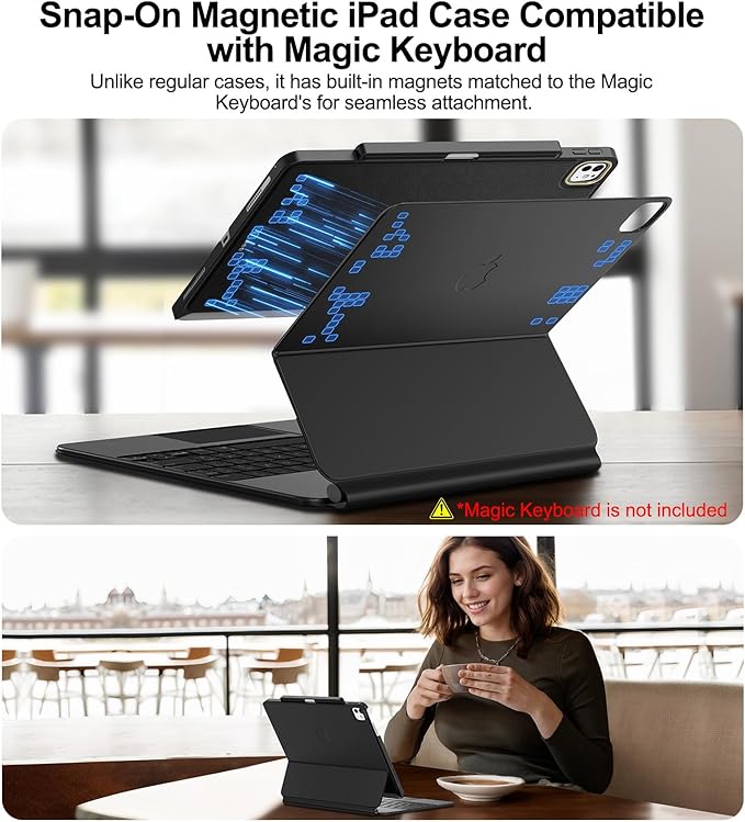 Magic-Keyboard Compatible Case for iPad Pro 13 inch M4/M5 2024/2025 Cover with Apple Pencil Holder for Smart MagicKeyboard Folio Slim Durability Durable Leather Surface Keyboard Not Included Black
