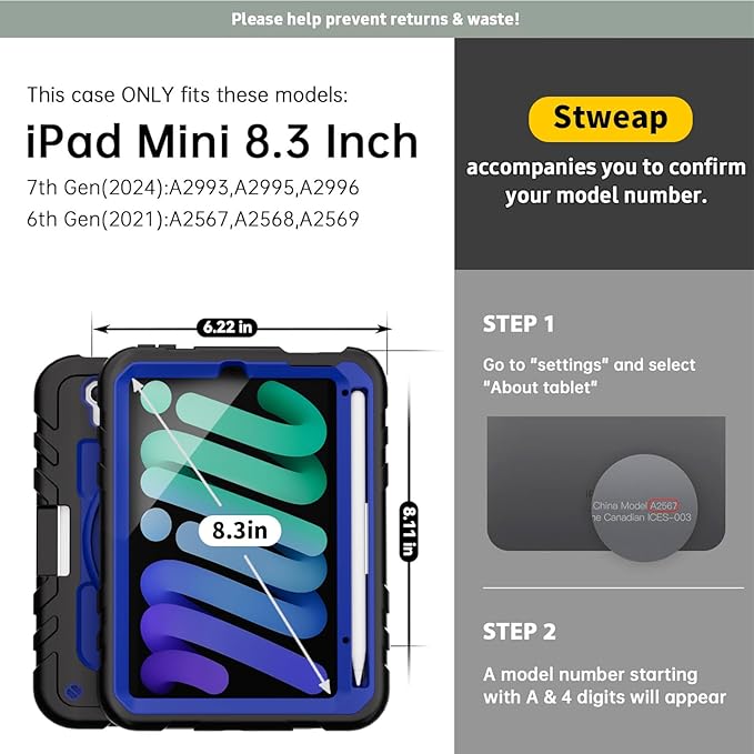 for iPad mini 7 A17 Pro/iPad mini 6 8.3 Inch Case iPad mini 7th/6th Generation Case (2024/2021) with Pencil Holder/Kickstand Hand Strap/Shoulder StrapBlack+Blue
