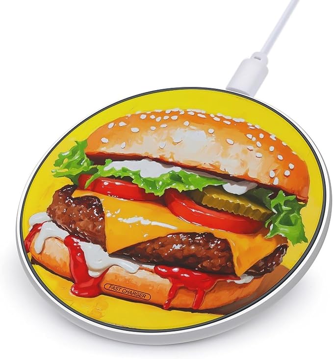 Beef Hamburger Fast Food Wireless Charger Anti-Slip Wireless Charging Pad Slim Charger Mat for Men Women