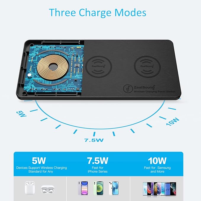 Wireless Charging Pad ZealSound Ultra-Slim Triple Charger Station for Multiple 3 Devices &amp New Airpods Ultra Slim PU Leather Wireless Charging Mat W/AC Adapter for Smartphone Phone (Black)