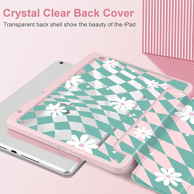 DONGKE for iPad 9th/8th/7th Generation Case 10.2 Inch (2021/2020/2019) [Auto Sleep/Wake &amp Pencil Holder] Clear Acrylic Back Trifold Stand Cover Checkered &amp Daisy