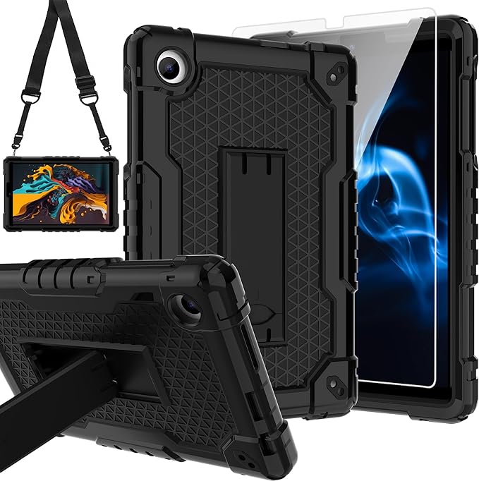 for TCL Tab 8 V/TCL AT&ampT Tab 8 SE (6048E) Tablet Case with Screen ProtectorSoft Silicone Rubber Heavy Duty Hybrid Had Back Shell Protection Build in Kickstand (Black/Black/1 PC)