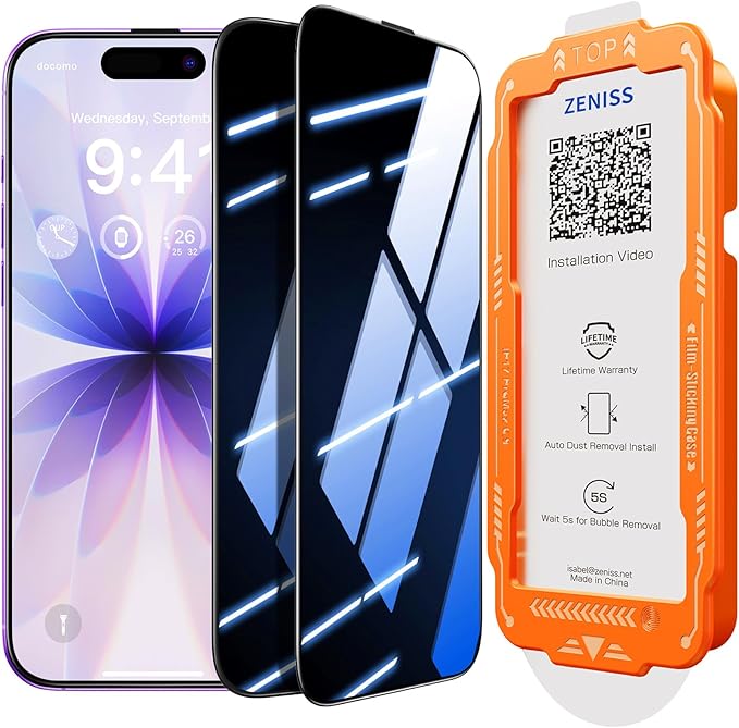 NeverBreak 9H+ Hardness for iPhone 17 Privacy Screen Protector 12FT Military Grade Protection (Scratch Shatter Drop Resistance) Tempered Glass Full Coverage 6.3 2 Pack with De-Bubble Card