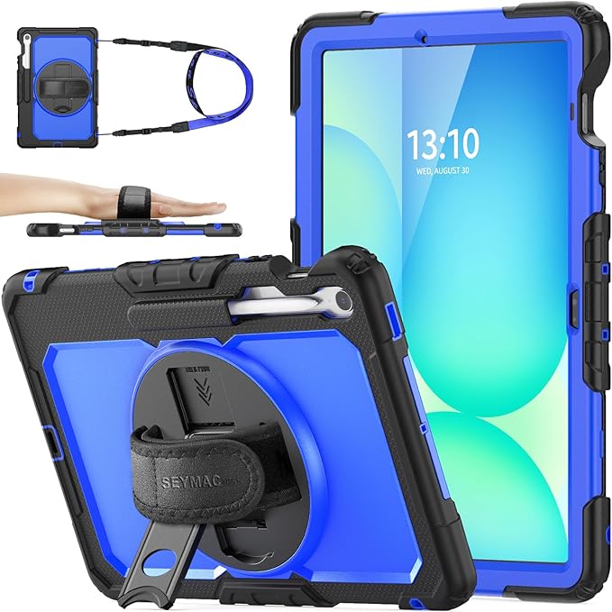 SEYMAC stock Case for Samsung Galaxy Tab S10 FE+ Plus 5G Tablet Case 13.1'' Protective with Screen Protector Pen Holder 360 Rotate Stand Hand Strap Shoulder Strap Blue1