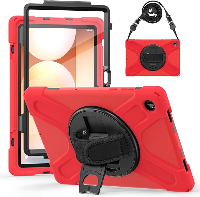 Lunivop Case Compatible with Samsung Galaxy Tab A11 Plus Case 11 Inch 360° Rotating Stand/Hand Strap with Built-in Screen Protector Heavy Duty Tablet Cover for Samsung Tab A11+ Plus Red
