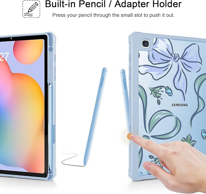 Mektron Case for Samsung Galaxy Tab S6 Lite 10.4 Inch 2024/2022/2020 with S Pen Holder Multi-Angle Viewing with Shockproof Cover Clear Shell + Trifold Stand + Auto Wake/Sleep Flowers-Bows-Blue