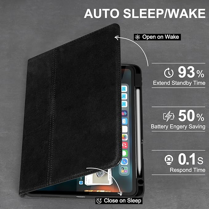 Gexmil Leather Case for iPad Air 11 Inch M4/M3/M2 (2026/2025/2024)iPad Air 10.9 Inch 5th/4th Generation 2022/2020 Top Grain Leather Cover Auto Sleep/Wake Adjustable StandSanded Black