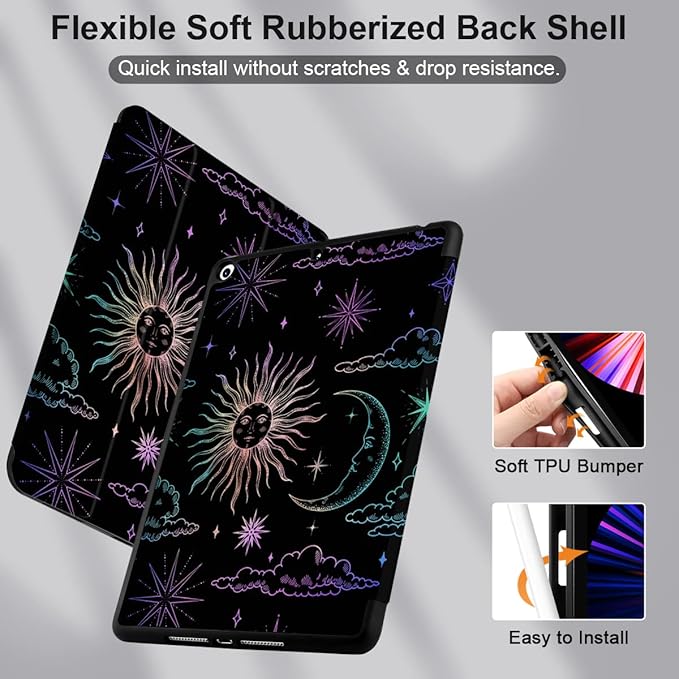 DONGKE Case Compatible with iPad 10.2 Inch 2021 2020 2019 iPad 9th/8th/7th Generation with Pencil Holder Slim Stand Protective Case with Soft TPU Back Auto Sleep/Wake Cover Sun &amp Moon