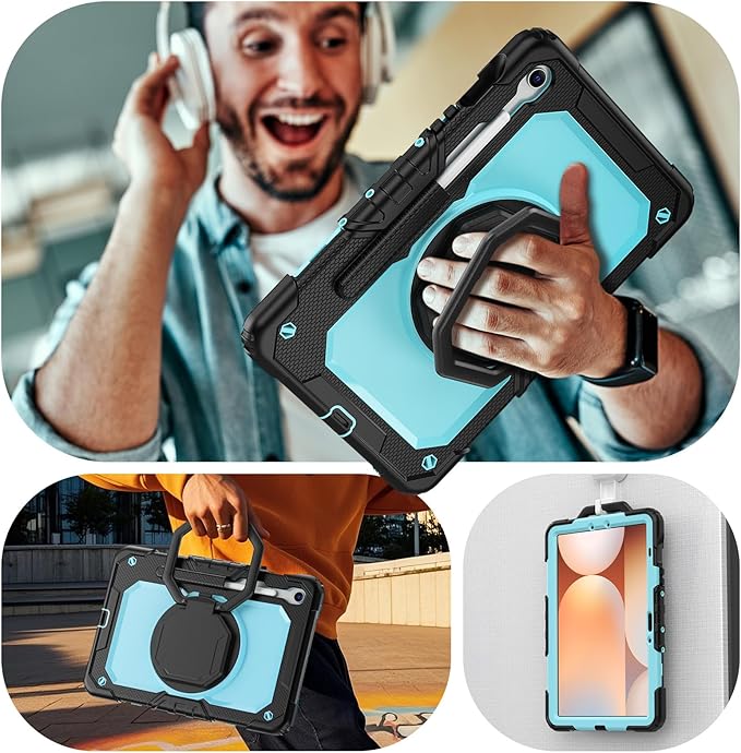 HXCASEAC Case for Galaxy Tab S10 lite / S10 FE / S9 FE 10.9 Inch Shockproof | 360° Rotating Stand | S Pen Holder | Screen Protector | Shoulder Strap | Samaung S10 Lite Tablet Case Kids Light Blue