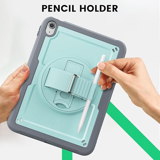 SEYMAC for iPad (A16) 11th/10th Generation Case 2025/2022 (11″/10.9″) Full-Body Shockproof Protective Case with Screen Protector 360° Rotating Stand and Hand/Shoulder Strap Light Blue/Grey