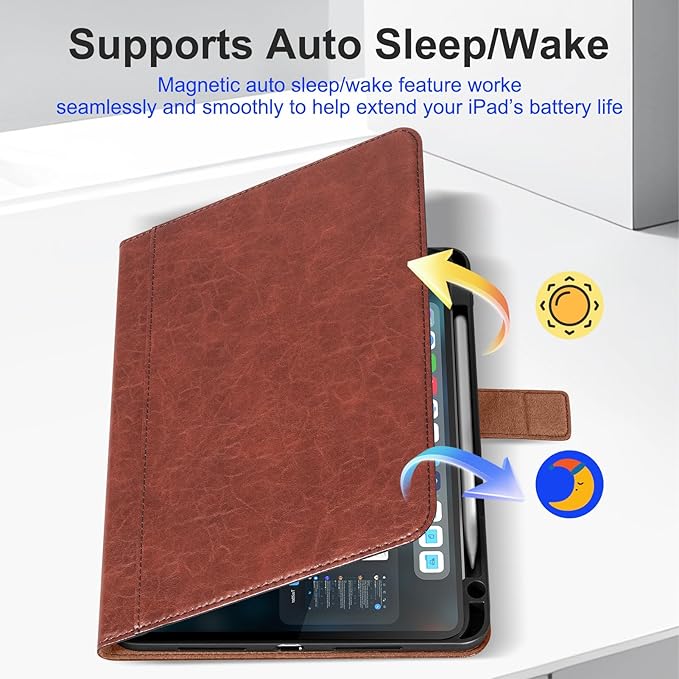 Genuine Leather Case for iPad Pro 11 Inch 4th-1st Gen 2022/2021/2020/2018 Premium Folio Cover with Pencil Holder Auto Wake/Sleep Adjustable Stand Wear-Resistant Protective Case-Red Brown