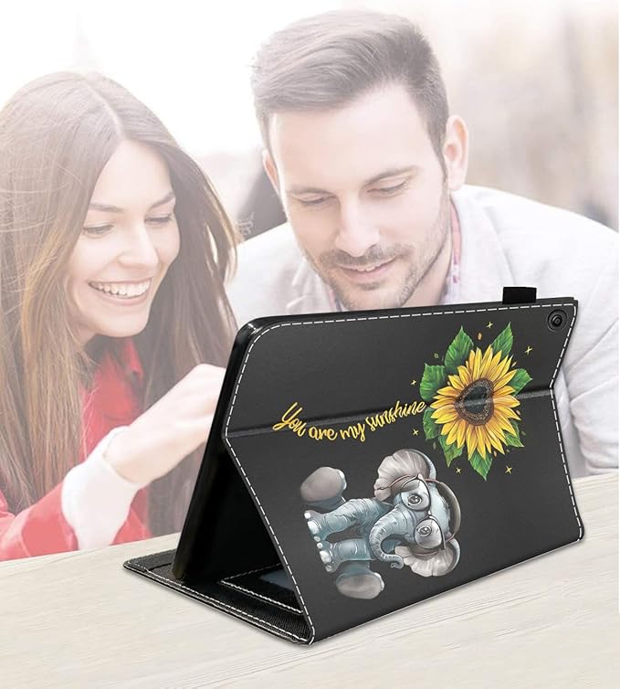 Case for Amazon Kindle Fire 7 Tablet (7 9th/7th Generation 2019/2017 Release) Slim PU Leather Cover with Card Slot &amp Auto Wake/Sleep Elephant and Sunflower