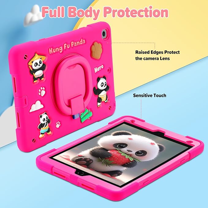 Case for iPad 9th/8th/7th Generation iPad 10.2 Inch 2021/2020/2019 Funny Cartoon Silicone 3D Panda Design Kids Case Heavy Duty Protection with Stand/Pencil Holder/Shoulder Strap (Rose)