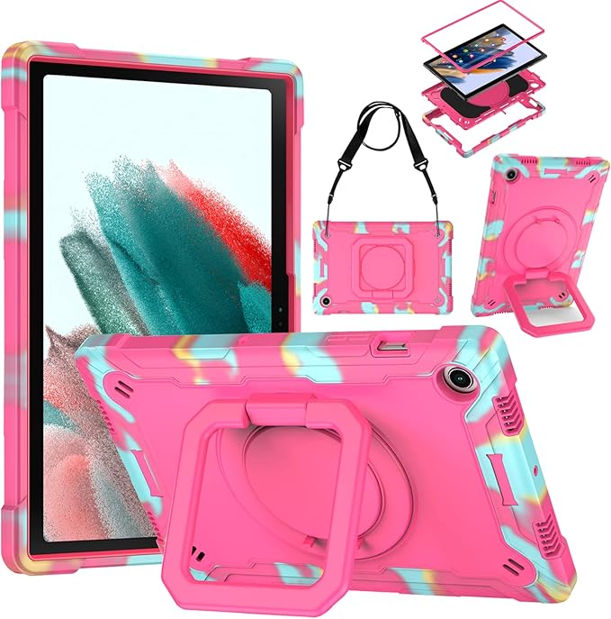 DETUOSI Case for Samsung Galaxy Tab A8 10.5 inch 2022 Galaxy Tab A8 Shockproof Case with 360°Rotatable Stand &amp Shoulder Strap Heavy Duty Case for SM-X200/X205/X207 Camouflage Rose Red