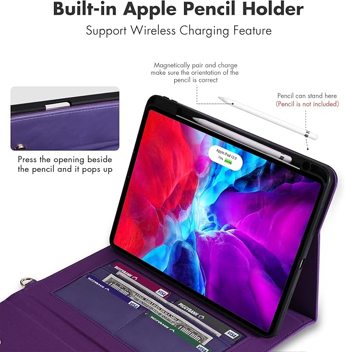 Dteck Business Case for iPad Pro 11 Inch iPad Air 11 Inch PU Leather Flip Stand Cover Pencil Holder Zipper Pocket Strap Protective Wallet Case Purple