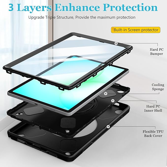 Case for Galaxy Tab A11 Plus 11 Inch: TPU Samsung Tablet A11+ Cover 2025 with 360° Rotating Stand- Screen Protector -Hand Strap - Shoulder Strap - Pencil Holder - Black