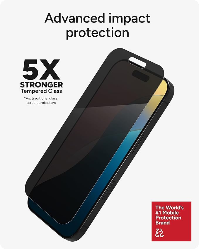 ZAGG Glass Elite Privacy 360 Screen Protector for iPhone 16 Pro – 4-Way Privacy Ultra-Strong Tempered Glass 5X Stronger Smudge-Resistant Easy Install Recycled Content