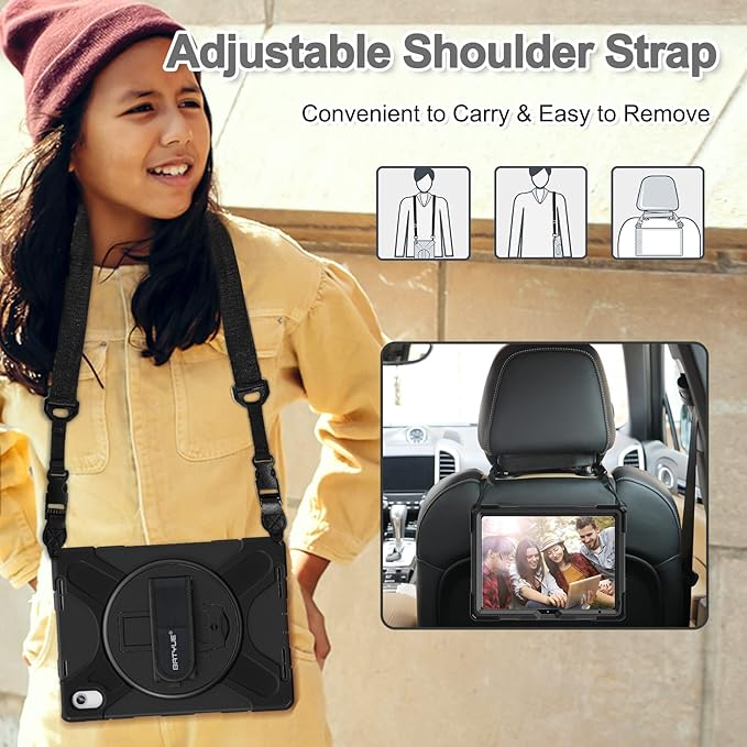 BATYUE Case for iPad (A16) 11th/10th Gen 11''/10.9'' 2025/2022 - Heavy Duty Shockproof Cover with Adjustable Hand Strap 360°Kistand Screen Protector Shoulder Strap &amp Pencil Holder | Black
