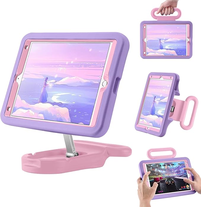 Kids Case for iPad 9th Gen 2021/ iPad 8th Gen 2020/ iPad 7th Gen 2019 Adjustable Portrait/Landscape Stand Drop Proof with HandleChild Friendly Cover for iPad 10.2 Inch (EP-PurplePink)