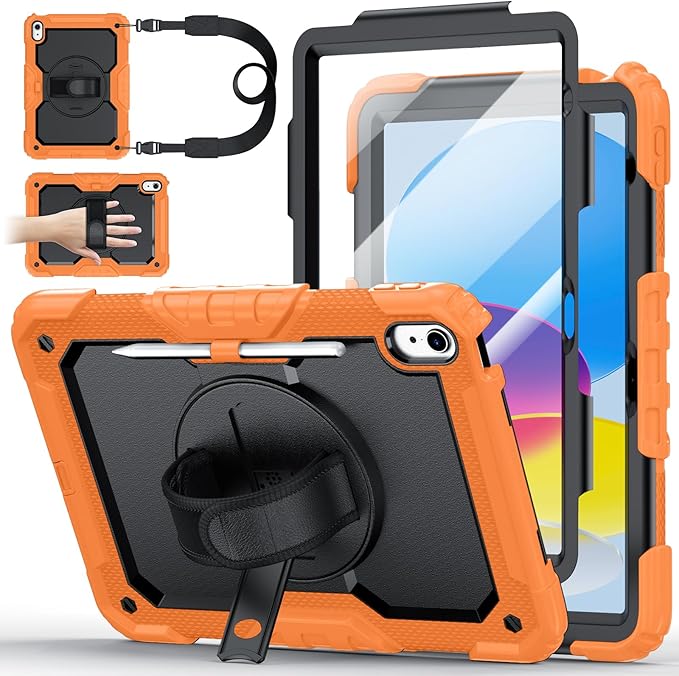 Case for iPad (A16) 11th Generation 11 Inch (2025) Ubearkk for iPad 10th Generation 10.9 inch 2022 case with Screen Protector 360 Degree Rotating Stand/Shoulder Strap/Pencil Holder Orange