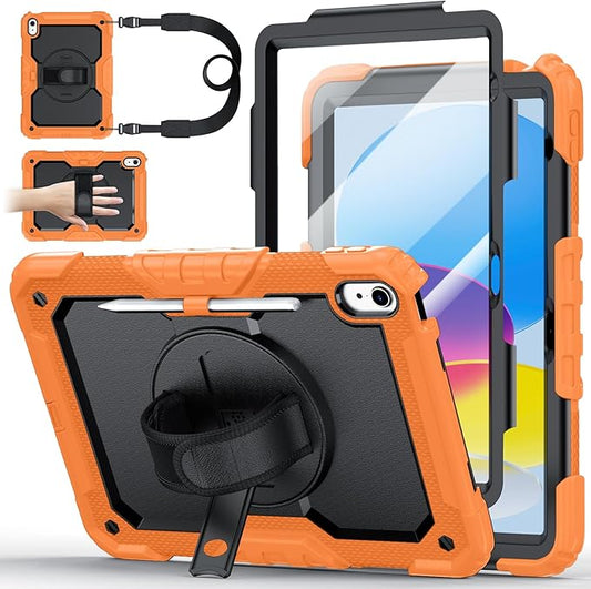 Case for iPad (A16) 11th Generation 11 Inch (2025) Ubearkk for iPad 10th Generation 10.9 inch 2022 case with Screen Protector 360 Degree Rotating Stand/Shoulder Strap/Pencil Holder Orange