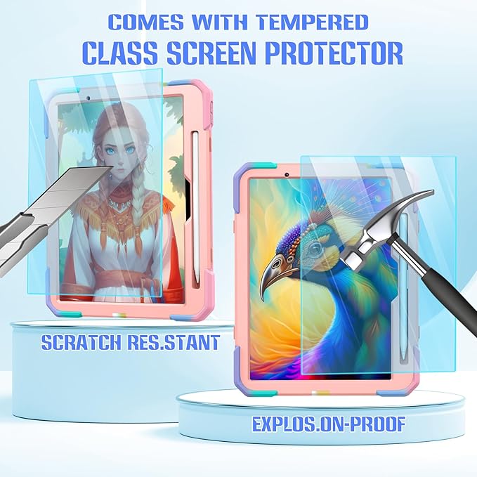 KCJ for iPad Air 11 Inch Case M3 2025 7th Generation &amp M2 2024 6th Generation with Tempered Glass Screen ProtectorRugged Protective Case with Folding Stand/Pencil Holder/Shoulder Strap (Rainbow)