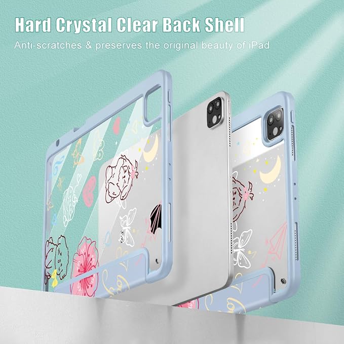 May Chen for iPad Pro 11 inch M2 4th Generation 2022 iPad Pro 11 3rd/2nd/1st Gen Case with Transparent Shockproof Back Cover [Built-in Pencil Holder Auto Sleep/Wake Blue Flower Dog