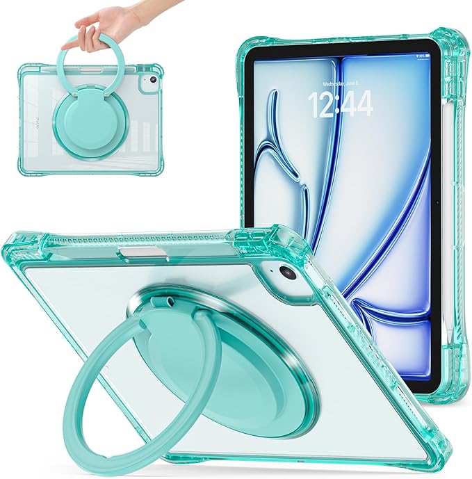 Shockproof Case for iPad Air 11 inch (M3 2025 7th /M2 2024 6th) Compatible with iPad Air 10.9 (2022 5th Gen /2020 4th Gen) PC Clear Tablet Cases with Rotating Stand for Kids Light Green